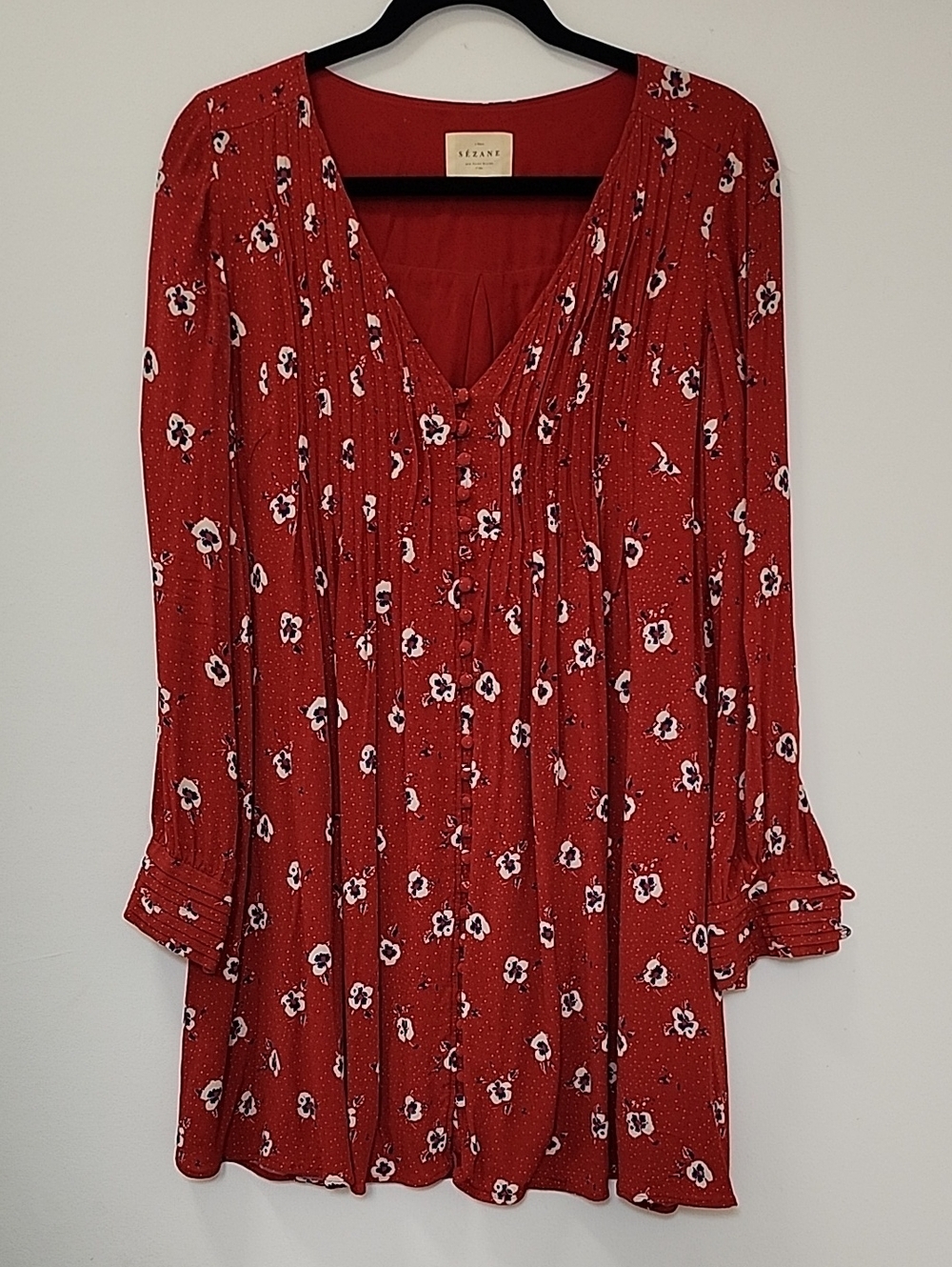 Sézane Joe dress in red floral print long sleeves button-front design Size 38/6 - Picture 6 of 16